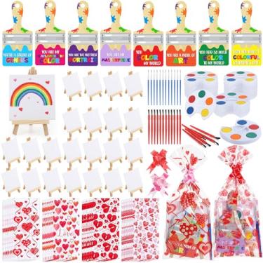 Imagem de Pajean 28 Sets Valentines Day Craft Gifts Valentines Mini Painting Canvas Panel with Wooden Easel Watercolor Paints Brush Kit and Cards for School Classroom Exchange Gifts Art Party (Artist)