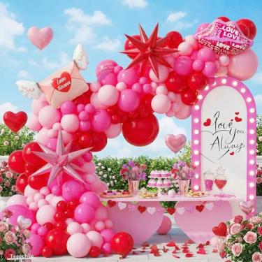 Imagem de Kit de arco de guirlanda de balão rosa vermelho, 145 peças rosa macaron rosa choque balões vermelhos envelope de lábio de coração balão de folha de estrela explosiva para dia dos namorados despedida