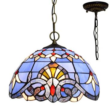 Imagem de Lustre barroco estilo Tiffany, luminária pendente vintage em vitral azul, altura ajustável, lâmpada de teto LED E27 para decoração de sala de estar, quarto e sala de jantar, 30 cm