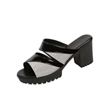 Imagem de Sandálias femininas casuais confortáveis de lantejoulas bico redondo bico aberto salto grosso, cabedal de poliuretano, Prata, 38