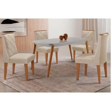 Imagem de Conjunto: Mesa de Cozinha Havana Tampo c/ Vidro Curvo 120cm+4 Cadeiras Pietá Madeira Naturale/Off White - Capuccino/Suede Creme - Rufato