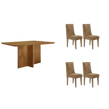 Imagem de Conjunto: Mesa Sala Jantar Berlim Tampo Curvo 120cm+4 Cadeiras Pietá Madeira Naturale - Capuccino/Linho Bege - Rufato