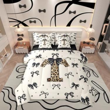 Imagem de Conjunto de cama solteiro com estampa de leopardo marrom com letra T, laço preto a óleo com 7 peças, inclui edredom, conjunto de lençol, fronhas e fronhas, decoração de quarto estilo princesa