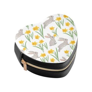 Imagem de Burbuja Caixa de joias em forma de coração com flores de coelho, mini estojo de viagem para mulheres e meninas, organizador portátil de armazenamento para brincos, anéis, colares e pulseiras