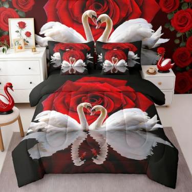 Imagem de Conjunto de edredom solteiro com 7 peças de cisne branco, rosa vermelha, pássaros românticos, vida selvagem, decoração de festa de casamento, decoração de casal, decoração de dia dos namorados