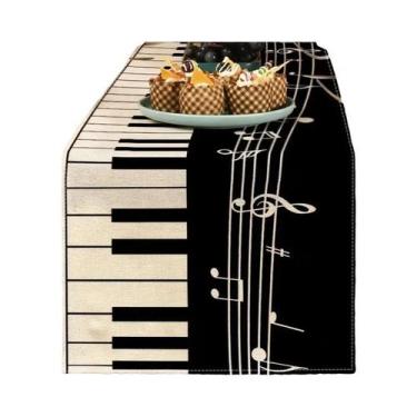 Imagem de Caminho De Mesa De Linho Com Listras De Notas Musicais, Lavável, Decor