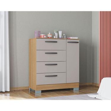 Imagem de Cômoda 868 4 Gavetas E 1 Porta Com Guarda Roupa Solteiro Milão 4 Portas Damasco Off White - Poquema