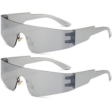 Imagem de AIEYEZO Óculos de sol futurista moderno moderno sem aro feminino masculino Cyberpunk viseira óculos de sol modernos futuros óculos de sol, Pacote com 2 (espelhado prata + espelhado prateado), MM