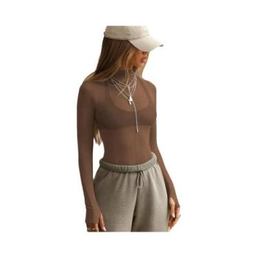 Imagem de Camiseta Feminina Slim-Fit Em Malha Transparente Com Manga Longa E Gol
