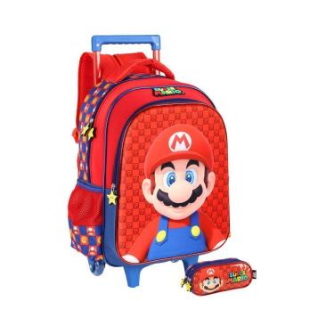 Imagem de Kit Escolar Super Mario Mochila Roda + Estojo Triplo - Azul