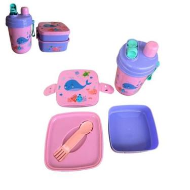 Imagem de Kit Infantil com Marmita Lancheira e Garrafa 600ml cor:Rosa Baleia - N