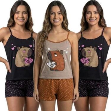 Imagem de KIT 3 Baby Doll Curto Capivara Serra e Mar Alcinha Pijama de Roupa Para Dormir Linha Noite Feminina-Feminino