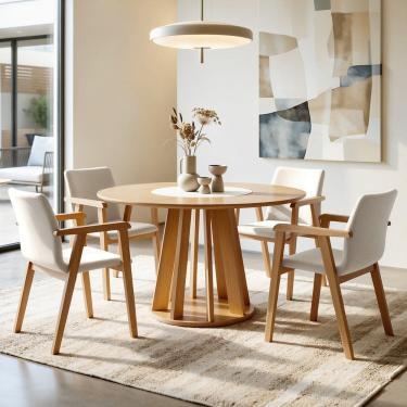 Imagem de Conjunto Sala de Jantar 4 Lugares Redonda com Prato Giratório Mesa e Cadeira Flora Cinamomo/Off White/Palha