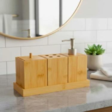 Imagem de Conjunto de Banheiro 4 Peças Em Bambu Completo Ideal Lavabo e Bancada 