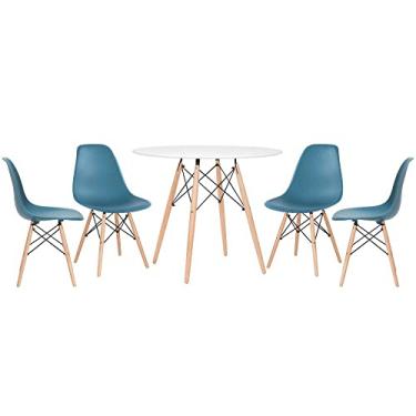 Imagem de Loft7, Kit - Mesa redonda Eames 90 cm branco + 4 cadeiras Eiffel Dsw Turquesa