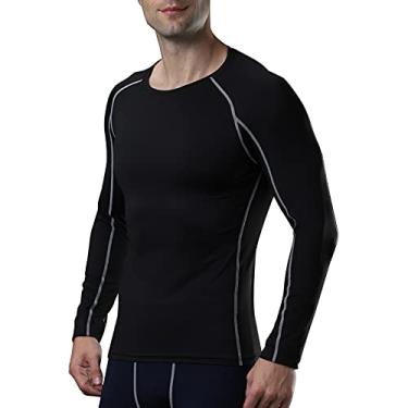 Imagem de Homtoozhii Camiseta atlética masculina secagem rápida elástica camada base gola redonda manga longa esporte treino camiseta top