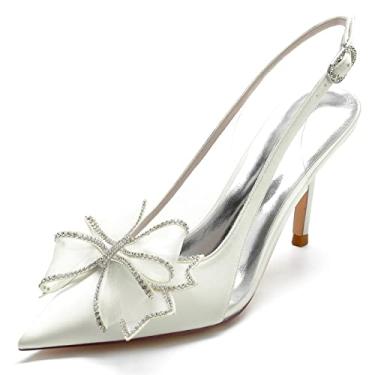 Imagem de Bombas Slingback femininas 8,5 cm salto alto de casamento bico fino sapatos de quadra vestido de festa de trabalho nó de formatura, Marfim, 8.5
