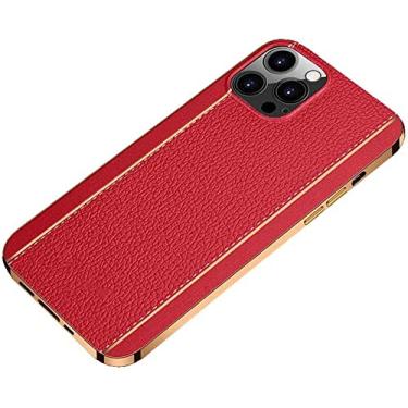 Imagem de HAODEE Capa de telefone com moldura dourada padrão Lychee, capa fina de silicone à prova de choque com tudo incluso para Apple iPhone 12 Pro (2020) 6,1 polegadas [proteção de tela e câmera] (cor: vermelho)
