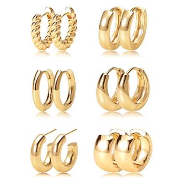 Imagem de Conjunto de brincos de argola de ouro 14k banhado a ouro Huggie brincos hipoalergênicos grossos torcidos grossos para vários piercings para mulheres meninas, Banhado a ouro 14k, Sem pedras preciosas