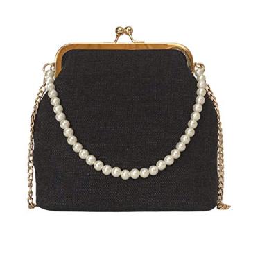 Imagem de Bolsa transversal feminina Kiss Lock com alça de pérola, bolsa para noite com corrente de ouro, bolsas de ombro de lona (preta), Preto/bahama p, Bolsa de ombro feminina - bolsa transversal