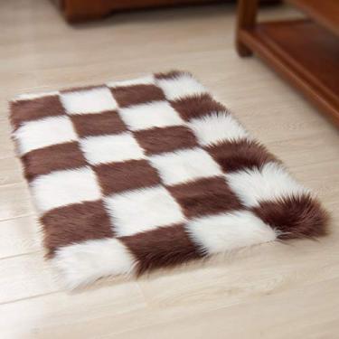 Imagem de Tapete de área falsa xadrez felpudo lavável tapete de pilha longa antiderrapante protege o chão para sala de estudo banheiro varanda quarto infantil sofá cadeira, café, 60 * 120 cm
