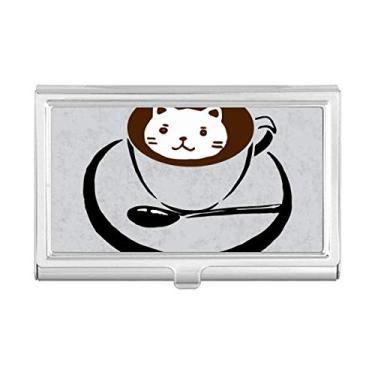 Imagem de Porta-cartões de visita com ilustração de xícara de café com estampa de gato e porta-cartões