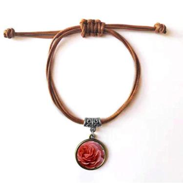 Imagem de DIYthinker Pulseira de couro com folhas verdes rosas rosas rosa pulseira de couro marrom joia presente