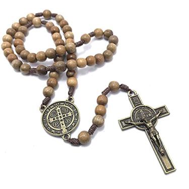 Imagem de Terço São Bento No Cordão De Madeira Imbuia Ouro Velho 10 Mm