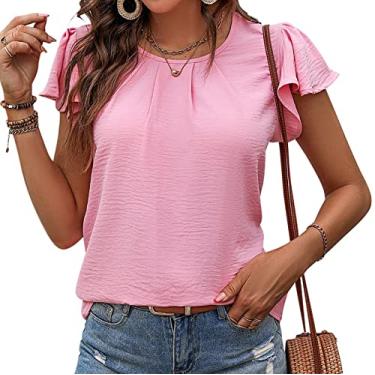 Imagem de Camiseta feminina de manga curta casual gola redonda plissada de chiffon camisa com babados manga top doce camisa de verão blusas tops, rosa, XGG