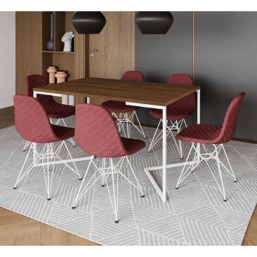 Imagem de Mesa Jantar Industrial Amêndoa Base V 137x90cm 6 Cadeiras Estofadas Eames Vermelhas Aço Branco 