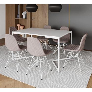 Imagem de Mesa Jantar Industrial Branca Base V 137x90cm C/ 6 Cadeiras Estofadas Nude Médio Eiffel Aço Branco