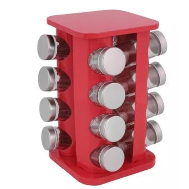 Imagem de Porta Temperos Inox Vermelho + 16 Potes Vidro
