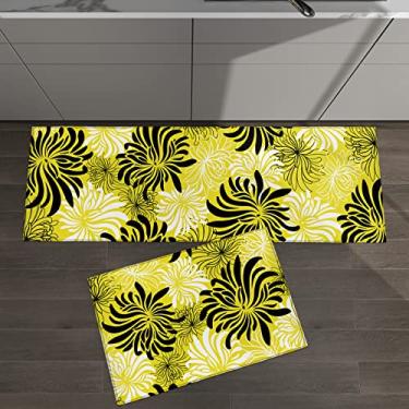 Imagem de Conjunto de 2 tapetes de cozinha estampa floral crisântemo padrão geométrico preto amarelo para tapetes acolchoados e tapetes antiderrapantes absorventes corredor confortável tapete de pé