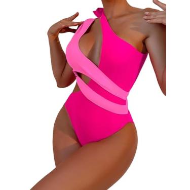 Imagem de OYOANGLE Maiô feminino color block sem mangas um ombro cortado maiô peça única, rosa, GG