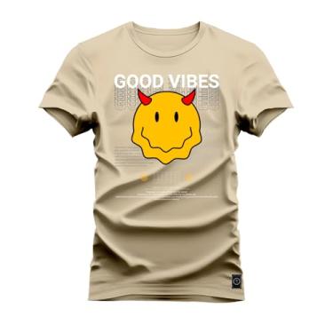Imagem de Camiseta Casual Malha Confortável Estampada Good Vibes Bege GG