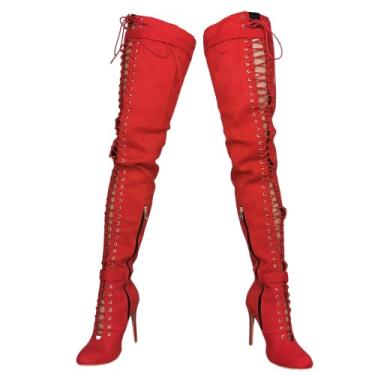 Imagem de Frankie Hsu Botas de trabalho de inverno de inverno com salto alto e salto alto, botas longas de salto alto com cadarço de camurça sintética vermelha de plataforma stiletto preto acima do joelho,