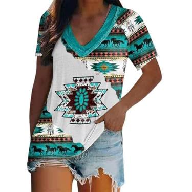 Imagem de Camisas ocidentais para mulheres com estampa solta asteca vintage étnica tribal geométrica Havaí Blusa Top Túnica havaiano Tops de verão plissada floral Top O81-Azul Large
