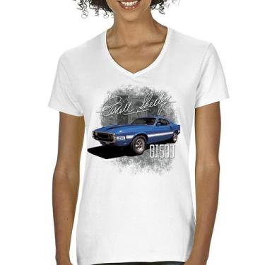 Imagem de Camiseta feminina Cobra Shelby azul vintage GT500 gola V American Racing Mustang Muscle Car Performance Powered by Ford Tee, Branco, XXG
