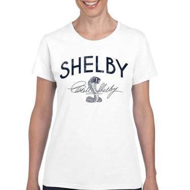 Imagem de Camiseta feminina vintage com logotipo Shelby Cobra American Legendary Mustang 427 GT500 GT350 Performance Powered by Ford, Branco, 3G