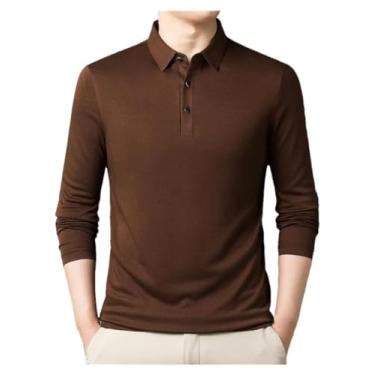 Imagem de Camisa polo masculina outono inverno clássico quente sólido lapela manga longa suéter de lã, Cor caramelo, GG