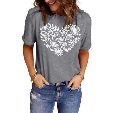 Imagem de Camiseta feminina com estampa floral floral floral de manga curta e flores silvestres, Cinza, M
