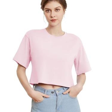 Imagem de Gemgru Camisetas curtas de algodão para mulheres, meia manga, quadradas, caimento solto, comprimento na cintura, Rosa claro, G