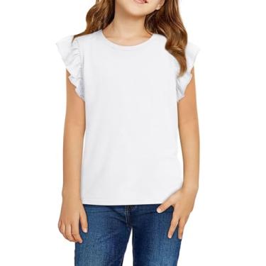 Imagem de Zwurew Regatas para meninas 2024 manga babados gola redonda verão sólido meninas moda camisetas camisetas roupas 5-14 anos, Branco, 13-14 Anos