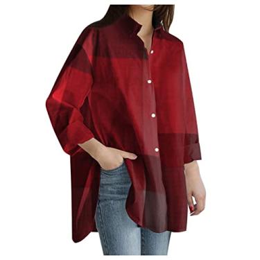 Imagem de Camisa feminina de algodão e linho, abotoada, 2024, casual, manga comprida, xadrez, blusas soltas com bolsos, Vermelho, 5G