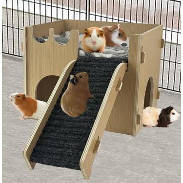 Imagem de Cdycam Esconderijo de castelo de porquinho-da-índia, casa de hamster de madeira com escadas e tapete, cabana de animais pequenos, 2 portas para hamsters, chinchilas, coelhinho escondido, brincar e