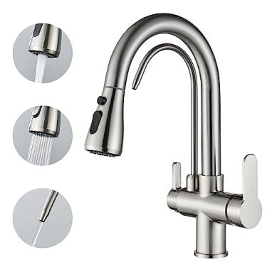 Imagem de TINICO Torneira de Cozinha com Pulverização de Puxar Torneiras com Filtro Purificador de Água 3 em 1 de Alça Dupla Misturador de Cozinha 360° Água Quente e Fria Disponível Escovado