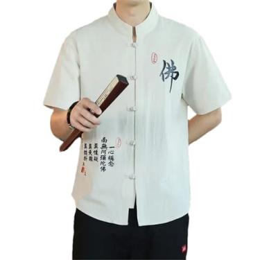 Imagem de Camisetas masculinas estilo chinês tang terno algodão linho manga 3/4 sólido tradicional Kung Fu China tipo Hanfu camisa Hanfu, Caqui, 3G