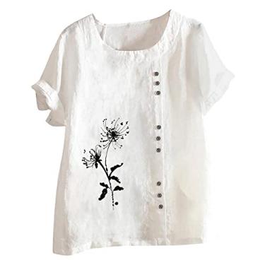 Imagem de Camiseta feminina de linho, estampa floral, manga curta, caimento solto, gola redonda, botão, túnica, Branco, P