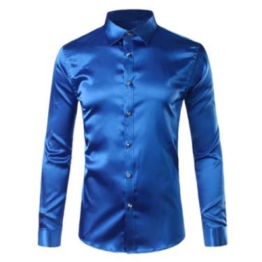 Imagem de JXQXHCFS Camisa social masculina casual de botão para festa e casamento, Azul, G