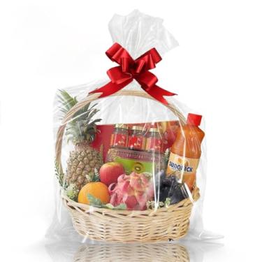 Imagem de WIKDAY Sacos de presente transparentes, 10 peças, 61 x 76 cm, envoltório grande de celofane para cestas de presente, plástico de embrulho com laços para dar de presente, produtos de embalagem